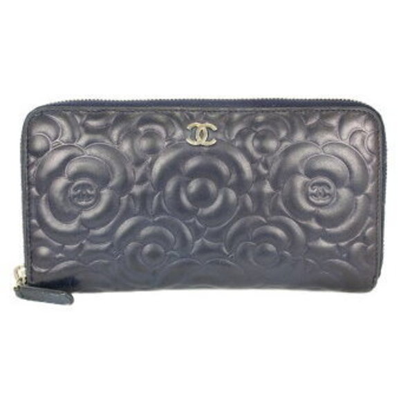Chanel Camellia long wallet Navy Blue leather - Picture 1 of 13